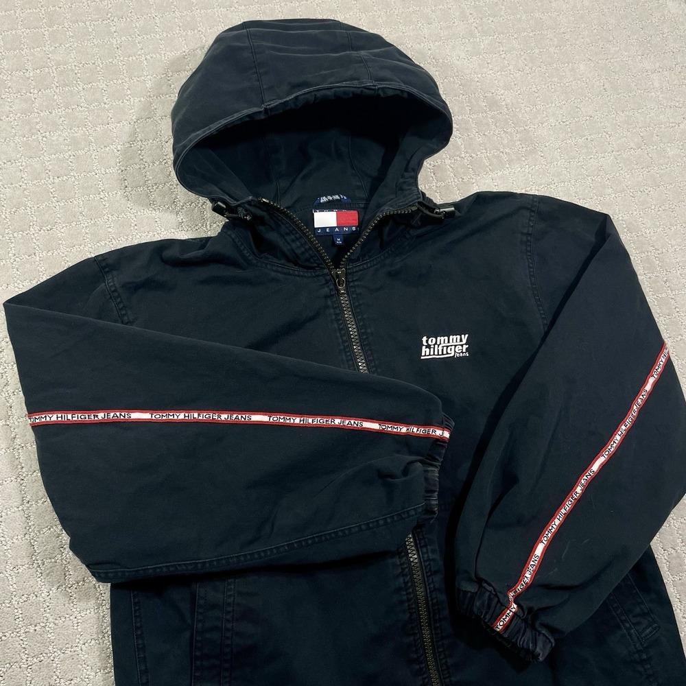 Vintage 90s Tommy Hilfiger Jeans Size Medium Striped Black‎ Hoodie Jacket